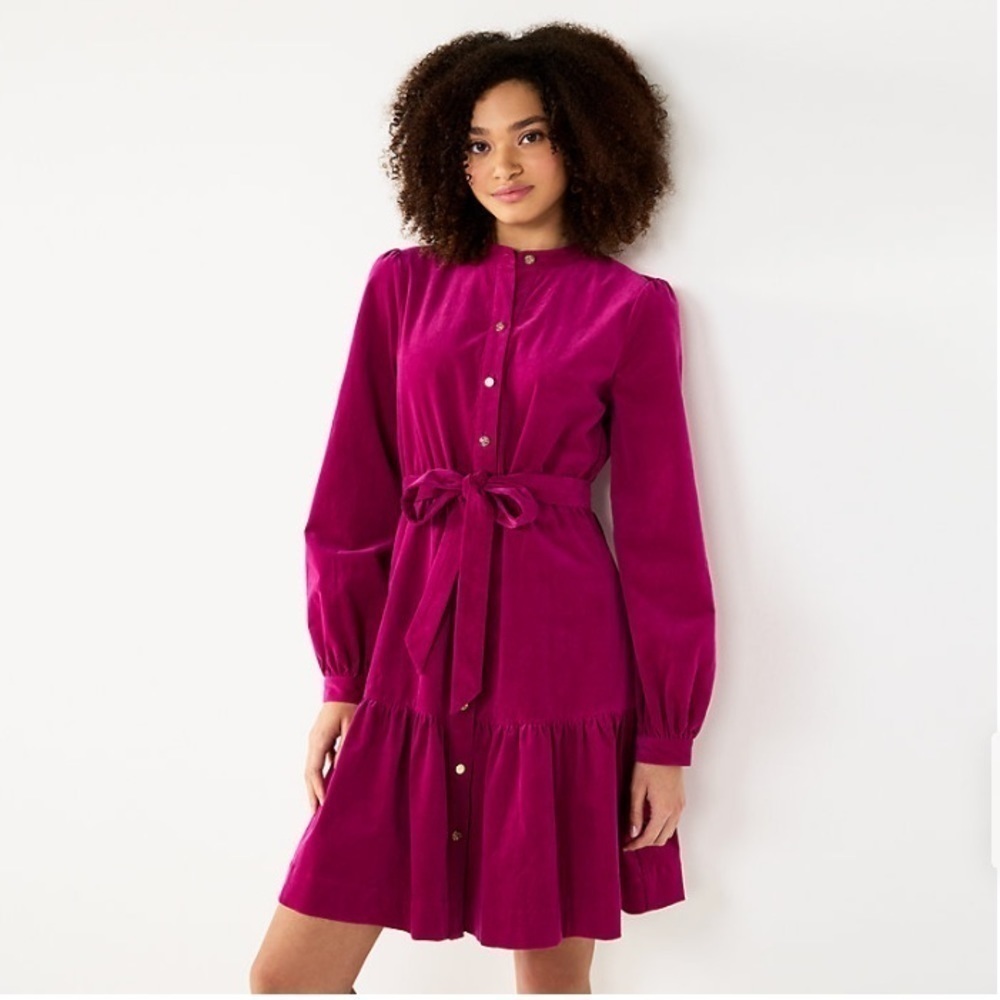 Draper James New Size XXL Fuchsia Corduroy‎ Ruffled Button Down Mini Shirtdress